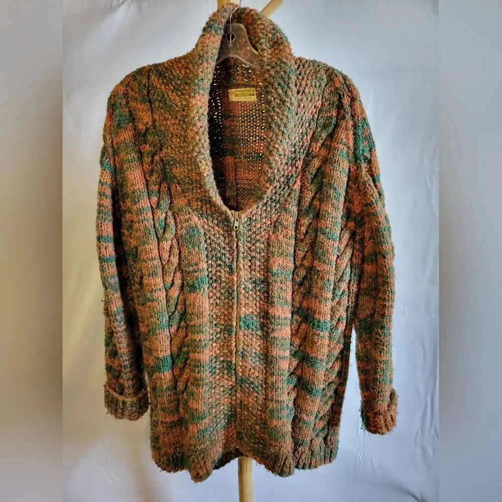 Vintage Handmade Sweater Cable Cardigan Orange  Green Brown Zipper